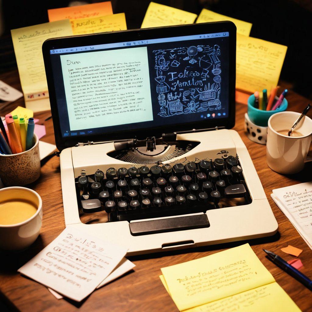 An open notebook filled with handwritten notes and sketches, surrounded by a variety of storytelling elements like an ink pen, vintage typewriter, and colorful sticky notes. In the background, a glowing laptop screen displays a captivating digital story, with whimsical illustrations floating around. The atmosphere is warm and inviting, suggesting creativity and inspiration. super-realistic. vibrant colors. soft lighting.