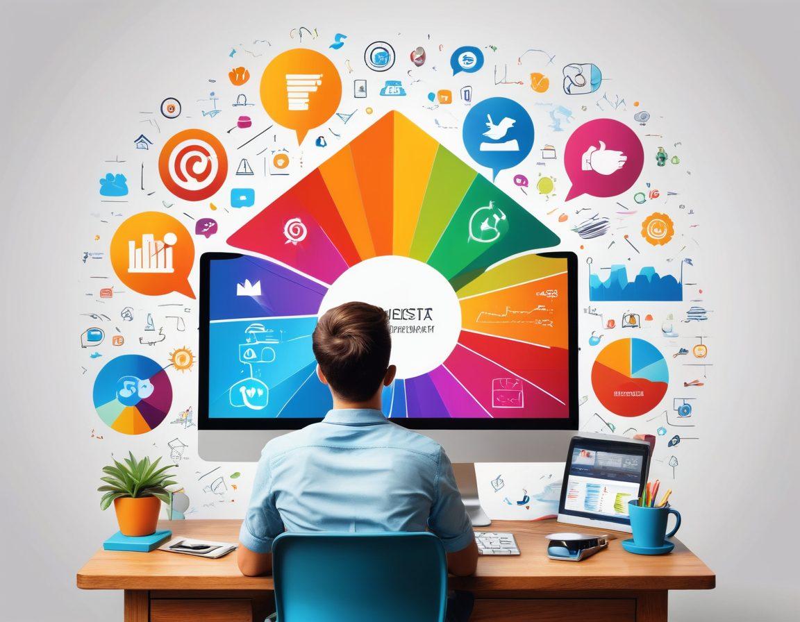 An eye-catching illustration of a digital marketing dashboard filled with analytics, graphs, and social media icons, radiating energy and growth. A person with a laptop sits at the center, surrounded by vibrant megaphones representing various marketing tactics like SEO and social media. The background features hashtags and upward arrows symbolizing increasing visibility. Energetic and inspiring colors blend to evoke a sense of success and optimism. super-realistic. vibrant colors. white background.
