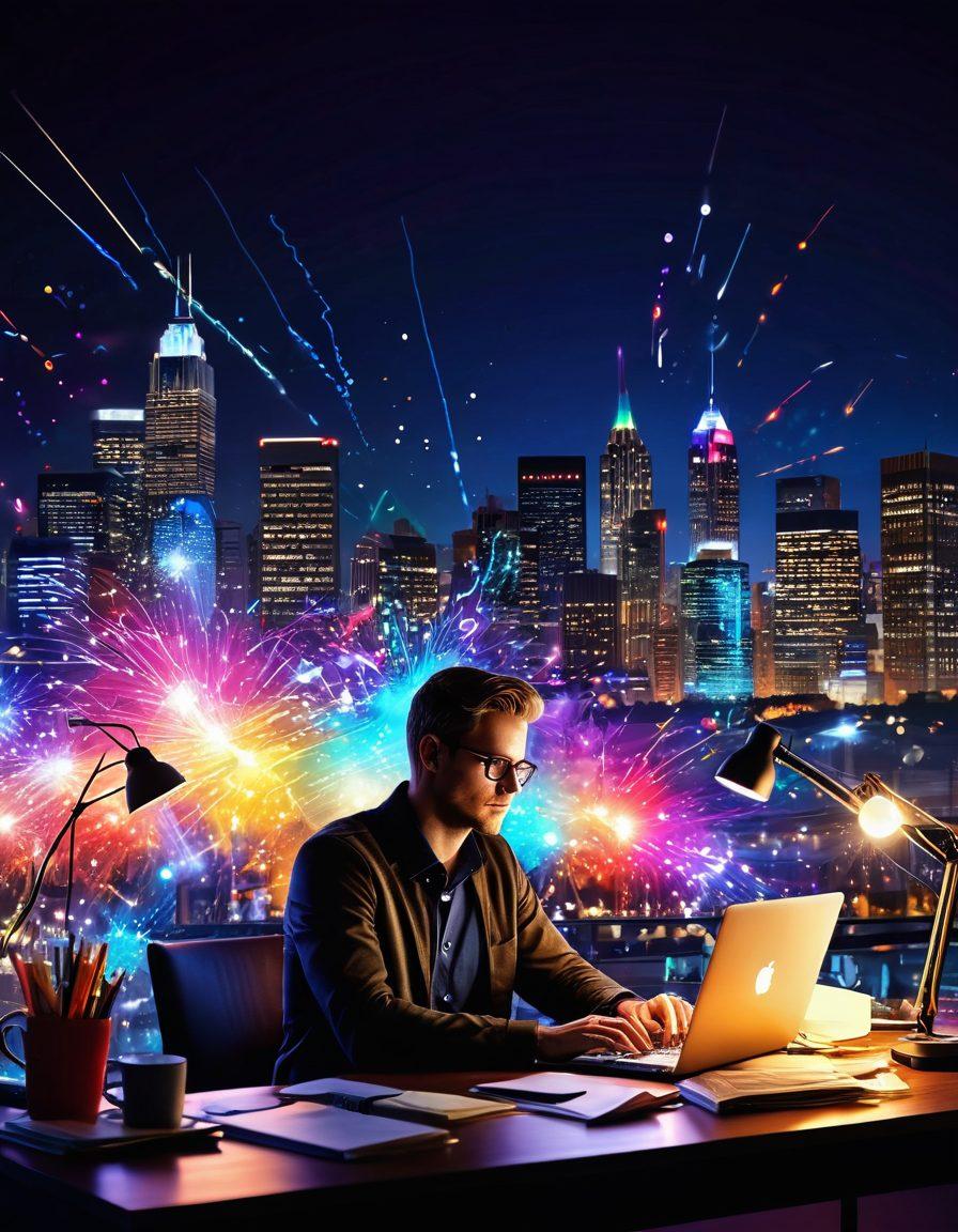 A vibrant scene of a writer at a desk, surrounded by colorful notes and a glowing laptop, with creative sparks like light bulbs hovering above. The atmosphere radiates inspiration, showcasing elements of brainstorming, marketing strategy charts, and digital connections. The background features a vibrant cityscape symbolizing online reach and opportunity. super-realistic. vibrant colors. 3D.